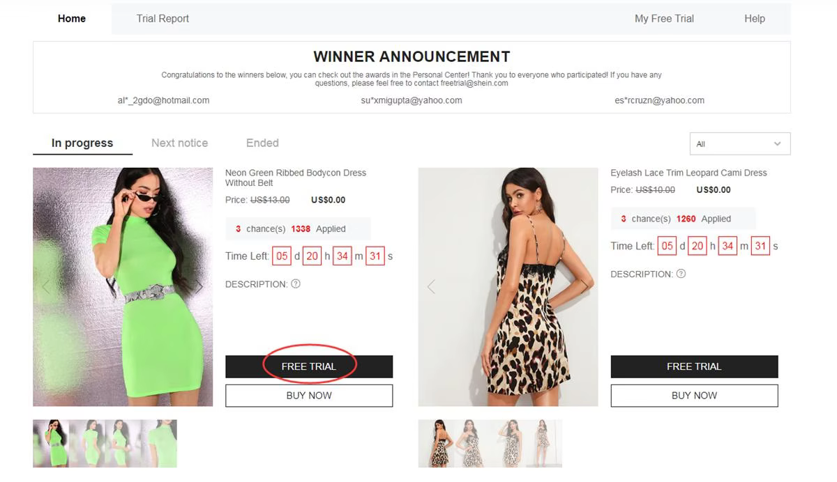 Free Trial Center entry on SHEIN